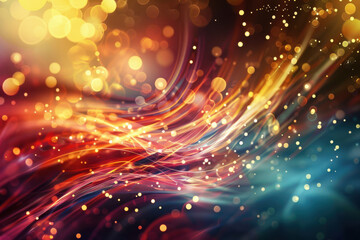 close up horizontal abstract illustration of shiny colorful transparent flowing waves and glitters background