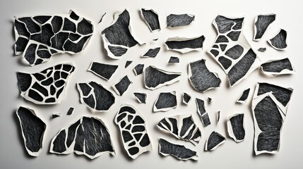 Poster - Abstract Composition of Torn Paper Fragments with Black and White Patterns Showcasing the Beauty of Geometric Shapes and Textures on a Clean Background
