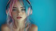 © afif - Teen girl with colorful hair wearing headphones against a teal background