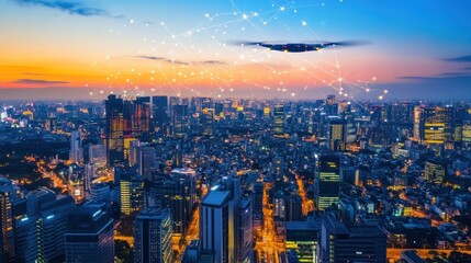Poster - Aerial view of a bustling city at sunset with drone connectivity