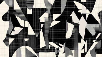 Poster - Abstract Black and White Geometric Composition Featuring Various Shapes and Lines with a Grid Background for Modern Artistic Themes and Designs