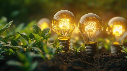 Wall Mural - light bulbs on green field