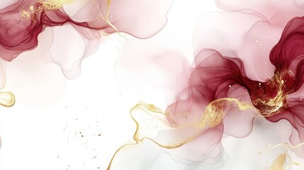 Wall Mural - Elegant Abstract Fluid Art with Soft Red and Gold Swirls on a White Background