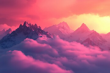 Poster - Pink Sunset Over Snowy Mountain Peaks