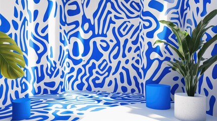 Poster - Bright Modern Interior with Abstract Blue and White Wall Design, Green Plant Accents, and Playful Geometric Shapes for Contemporary Decoration Inspiration