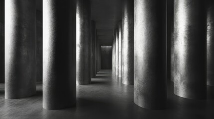 Poster - Abstract Surroundings of Concrete Columns in a High-Contrast Monochrome Environment with Dramatic Lighting Effects and Depth in Architectural Space