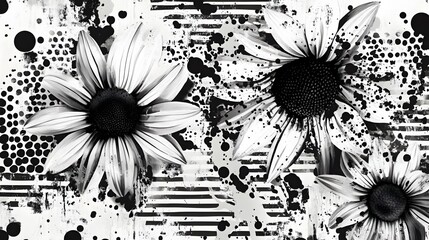 Poster - black and white monochrome composition featuring close up of daisy and sunflower petals with abstract splatter and brush stroke patterns creating a moody and dramatic floral design