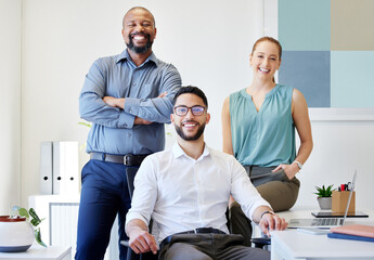 Poster - Happy, teamwork and portrait of business people in office for company pride, opportunity or career. Professional, creative agency and men and woman with smile for diversity, support or collaboration
