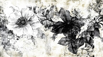 Aufkleber - Breathtaking black and white floral artwork showcasing a mesmerizing arrangement of delicate petals against a moody atmospheric backdrop evoking a sense of serene elegance and flair