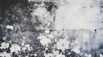 Aufkleber - Captivating black and white image showcasing a lush overgrown natural landscape filled with delicate ethereal blooming flowers and verdant foliage  The muted moody tones create a poetic