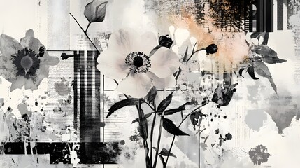Aufkleber - Captivating monochrome abstract art featuring a surreal and ethereal floral composition with intricate textured patterns grunge paint splashes and a moody dynamic aesthetic