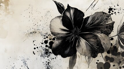 Aufkleber - Captivating monochrome floral artwork with dramatic ink splatters and ethereal flowing petals  This abstract and moody image evokes a sense of mystery elegance and sophistication  The bold