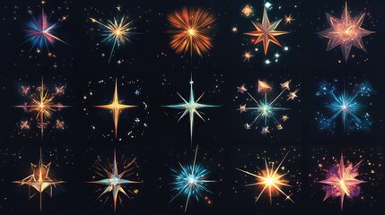 Poster - Vibrant Cosmic Star Patterns in Vivid Colors with Different Shapes and Designs Set Against a Dark Galactic Background for Creative Visual Projects