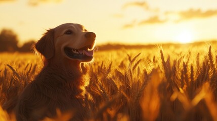 Wall Mural - Dog in Wheat Field at Sunset