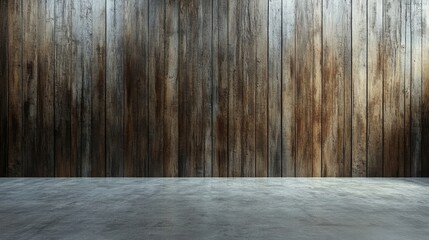 Poster - Rustic Wooden Wall with Concrete Floor in Warm Tones for Interior Design and Modern Decoration Inspiration, Perfect for Background or Texture Use in Various Projects