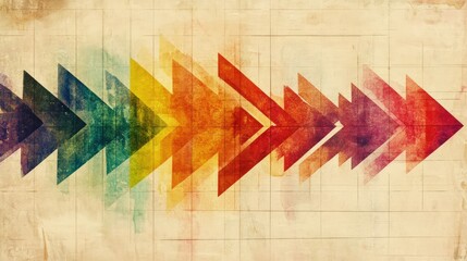 Poster - Colorful Abstract Background with Geometric Arrows in a Vibrant Rainbow Palette Over Soft Vintage Paper Texture for Creative and Artistic Projects