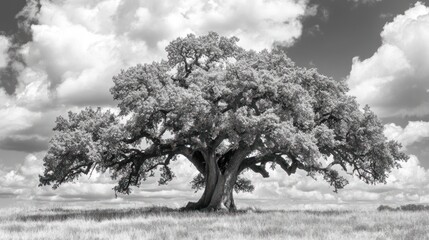 Majestic oak tree in field, cloudy sky; nature, landscape