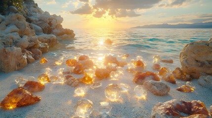 Sticker - Sunrise beach, amber crystals, ocean rocks