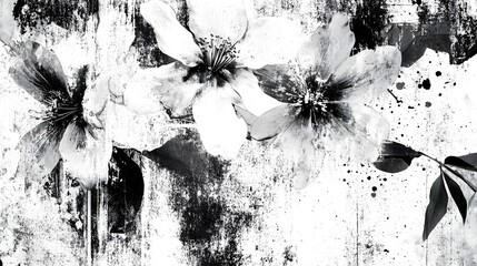 Aufkleber - Dramatic abstract floral composition in monochrome with fluid organic texture and splatter effect  Moody atmospheric and ethereal expression with delicate elegant flowers against a dark