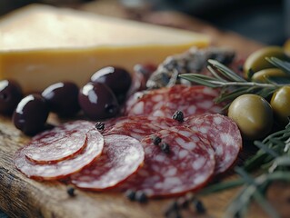 Sticker - Wooden cutting board with sliced meat and olives