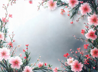 Wall Mural - A vibrant arrangement of pink flowers, including cosmos and cherry blossoms, forms a beautiful, symmetrical frame.