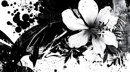 Aufkleber - Dramatic abstract painting in black and white with a striking floral motif featuring bold ink blot textures dynamic splatter effects and a modern conceptual aesthetic