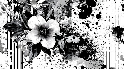 Aufkleber - Dramatic and captivating monochrome floral abstract with ink splash and watercolor effects creating a bold modern and elegant design