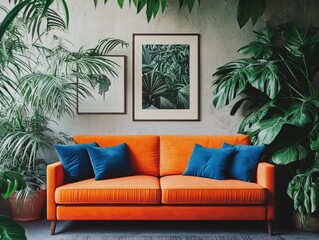 Wall Mural - Orange Couch with Blue Pillows