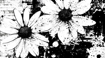 Aufkleber - Dramatic black and white daisy flower blossoms with grungy distressed and abstract textures creating a high contrast modern and minimalist floral design