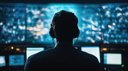 Poster - Observer in Headphones Monitoring Data on Multiple Screens