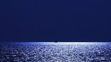 Wall Mural - sailing boat silhouette with starry milky way skies and full moon above open ocean waters.