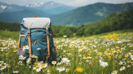 Hiking backpack on a meadow with flowers and mountain background