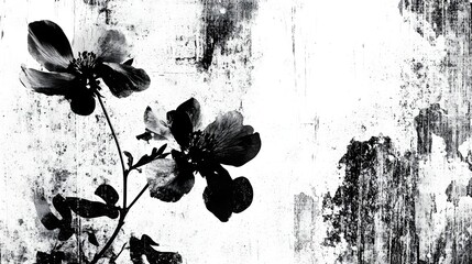Aufkleber - Dramatic high contrast black and white image of a delicate floral bloom against a grungy weathered background  The moody painterly composition creates a striking minimalist and visual