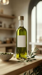 Wall Mural - Elegant Green Olive Oil Bottle on a Floating Shelf with Modern Architecture. Copy space. Generative AI