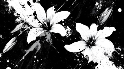 Leinwandbilder - Dramatic Monochrome Floral Splash Abstract Art Design with Fluid Ink Splatters Blots and Brush Strokes against a Dark Moody Background