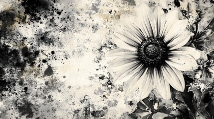 Aufkleber - Dramatic moody composition featuring a sunflower blossom in shades of black white and gray  The petals have a decaying weathered appearance creating a striking abstract textured and emotive visual