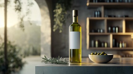 Wall Mural - Elegant Green Olive Oil Bottle on a Floating Shelf with Modern Architecture. Copy space. Generative AI