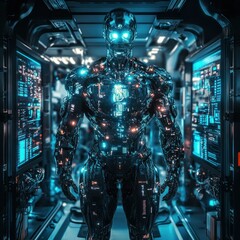 Poster - Futuristic humanoid robot in high-tech lab with glowing panels
