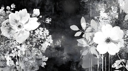 Poster - Elegant and minimalist floral arrangement in monochrome tones evoking a serene and peaceful atmosphere  The image features a bouquet of delicate flowers with lush foliage
