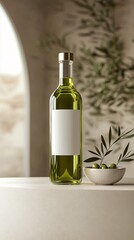 Wall Mural - Elegant Green Olive Oil Bottle on a Floating Shelf with Modern Architecture. Copy space. Generative AI