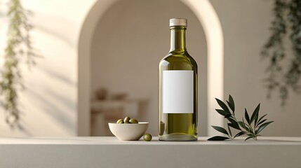 Wall Mural - Elegant Green Olive Oil Bottle on a Floating Shelf with Modern Architecture. Copy space. Generative AI