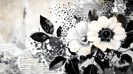 Aufkleber - Elegant monochrome floral artwork featuring a beautiful arrangement of delicate blooms and leaves set against a background with a vintage tranquil feel