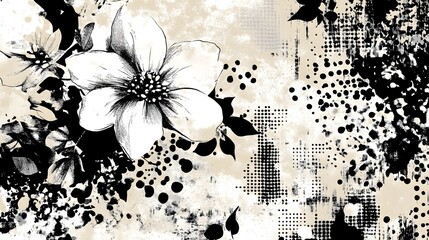 Poster - Elegant Monochrome Floral Artwork with Splattered Dots and Textures   Abstract Botanical Background with Dramatic Contrast and Graphic Patterns