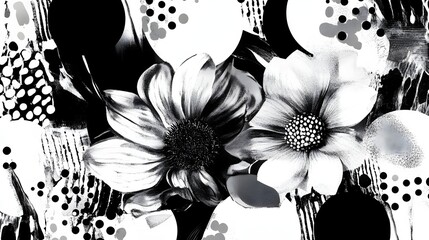 Aufkleber - Elegant monochrome floral composition with delicate blooms and petals creating a minimalist abstract pattern  The black and white image has a tranquil serene and timeless aesthetic
