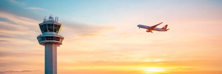 Poster - Passenger airplane taking off at sunset, soaring near the airport control tower, with a vibrant, colorful sky filled with clouds creating a breathtaking backdrop for evening flights