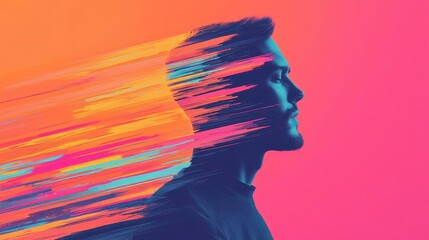 Poster - A vibrant, abstract profile of a man with colorful streaks representing motion and energy against a bright backdrop.