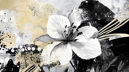 Aufkleber - Ethereal and mesmerizing botanical artwork featuring abstract floral shapes bold brush strokes and dramatic splashes of ink in a moody monochrome color palette