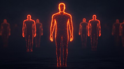 Poster - A futuristic scene depicting glowing human figures in a dark environment, creating a striking visual contrast and an ethereal atmosphere.