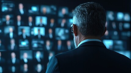 Poster - A businessperson stands in front of multiple screens displaying various individuals, suggesting a high-tech or surveillance environment.