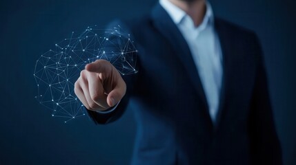 Poster - A man in a suit points to a digital network, symbolizing innovation and technology in a modern context.